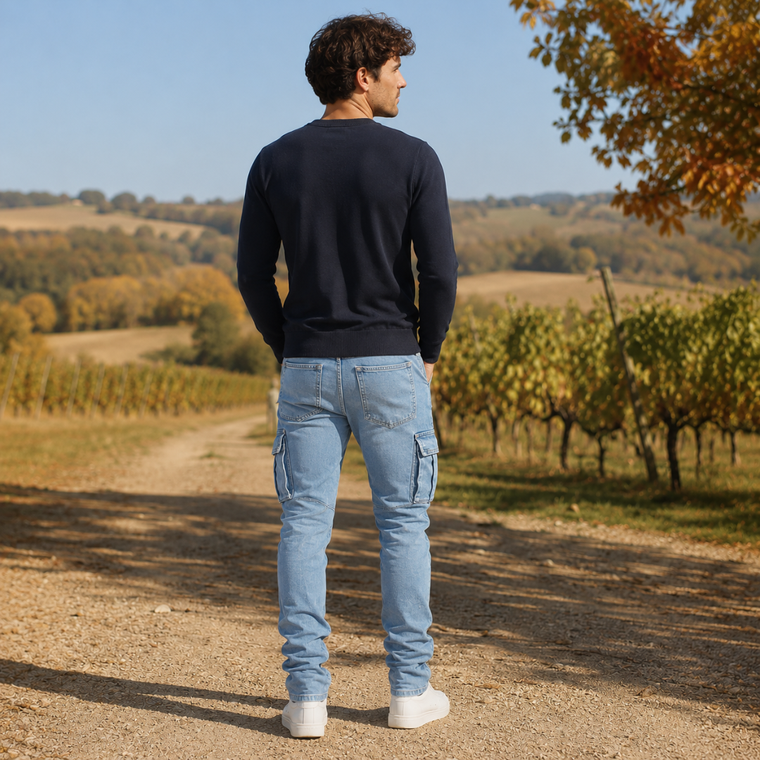 Retro dei pantaloni cargo azzurri con cinque tasche e passanti in vita