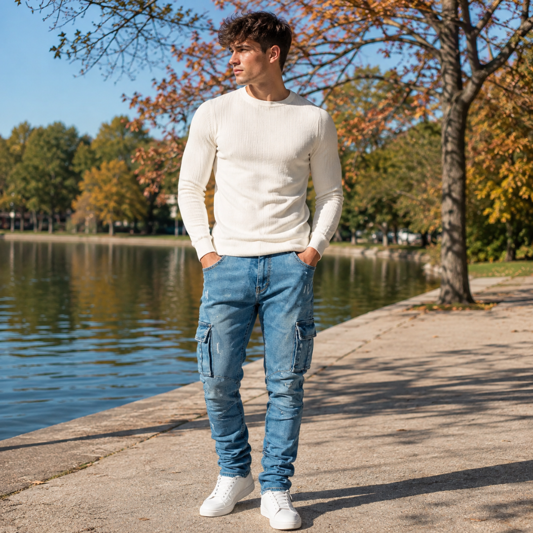 Pantaloni cargo blu scuro effetto lavato con tasche laterali e maglia bianca