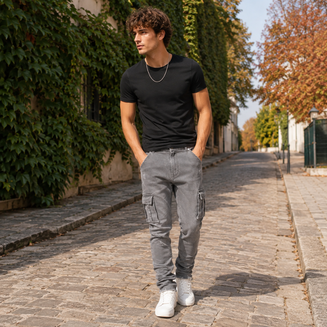 Pantaloni cargo grigio scuro con tasche a patta abbinati a t-shirt nera