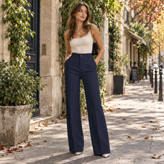 Pantaloni donna blu navy a gamba larga con vita alta e piega stirata