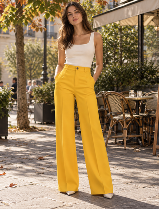 Pantaloni donna gialli a vita alta con gamba larga e bottone frontale