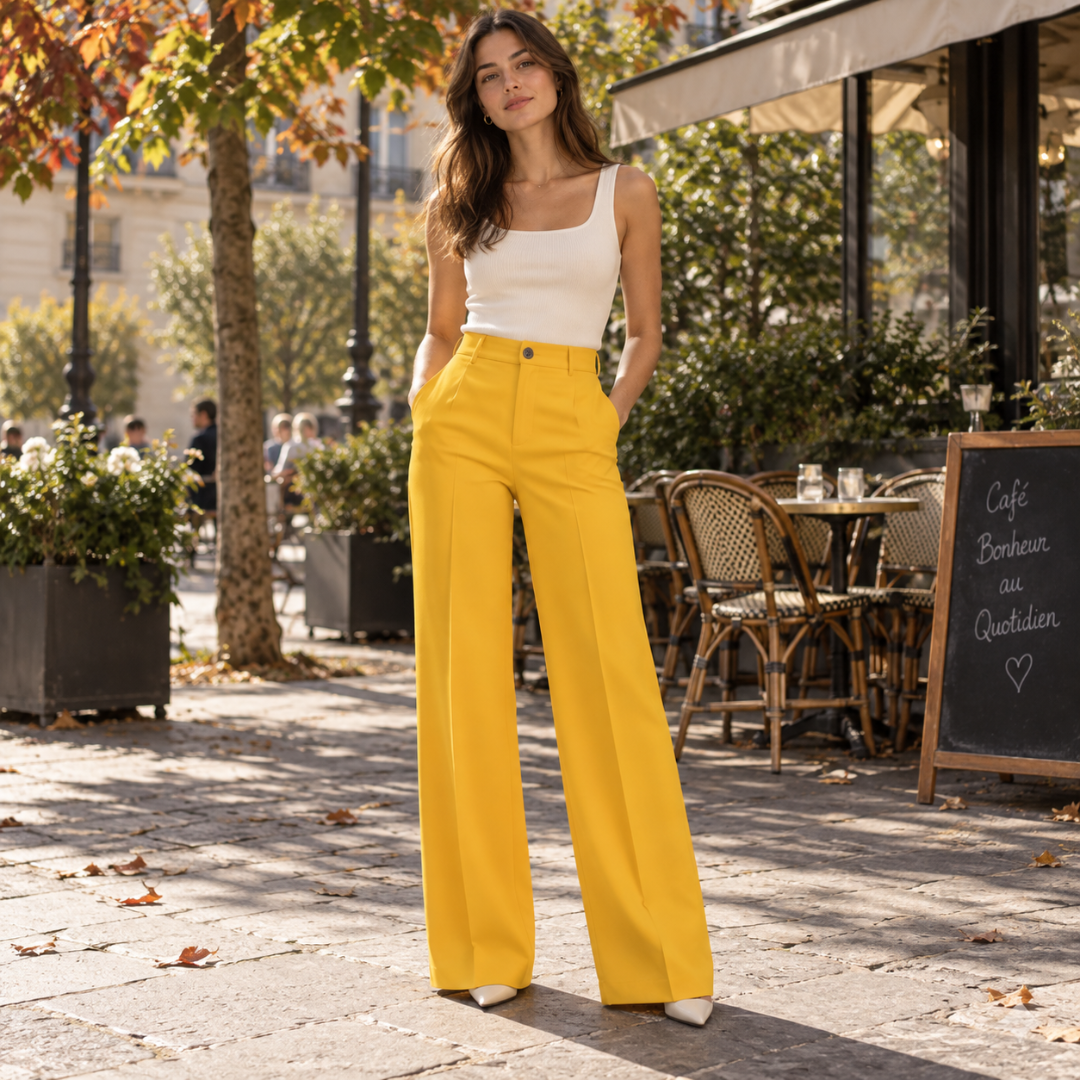 Pantaloni donna gialli a vita alta con gamba larga e bottone frontale
