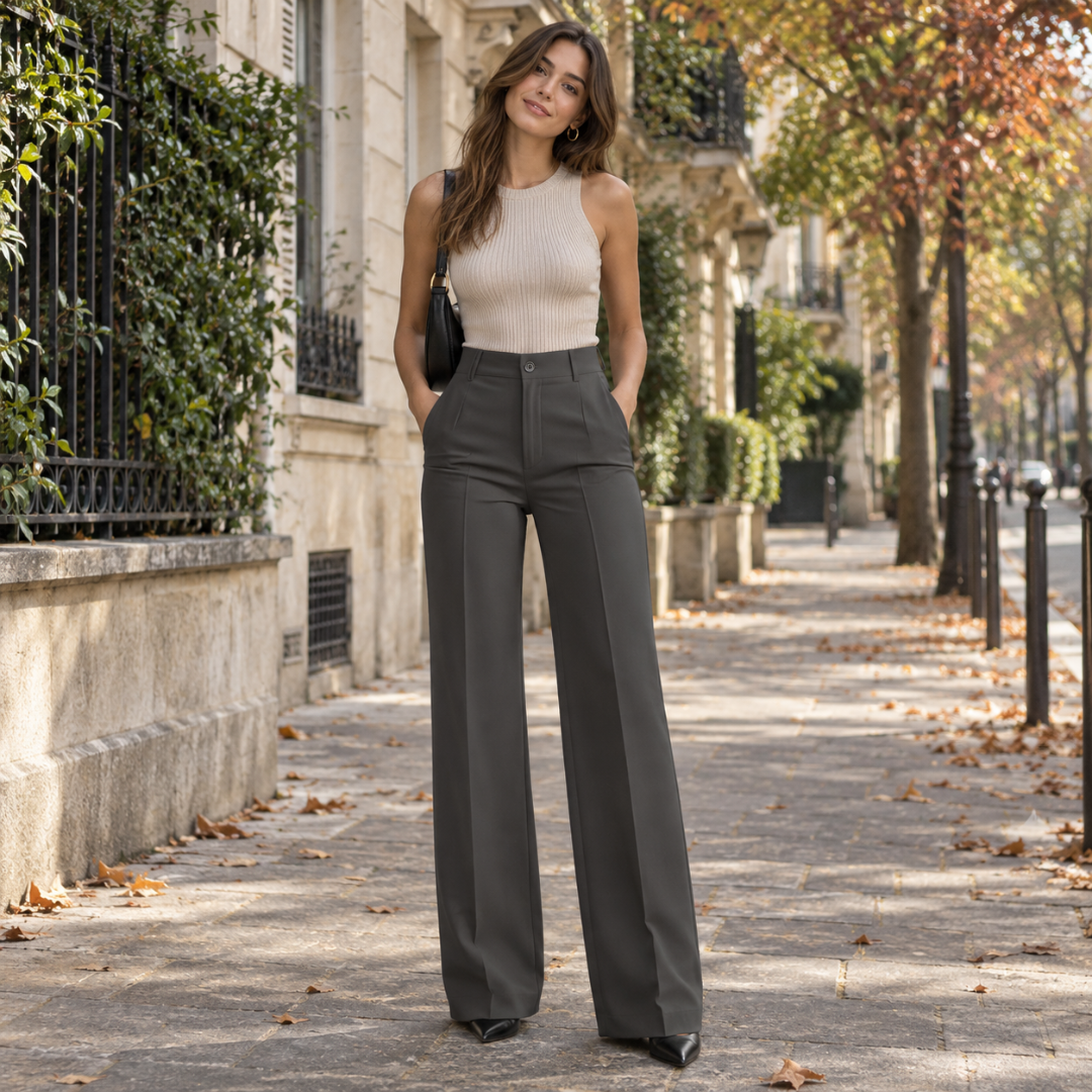 Pantaloni donna grigio scuro a vita alta con gamba larga e piega stirata