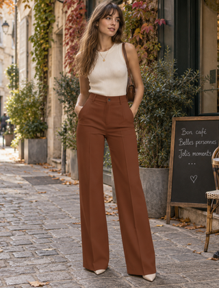Pantaloni donna marrone chiaro a gamba larga con piega stirata e tasche laterali