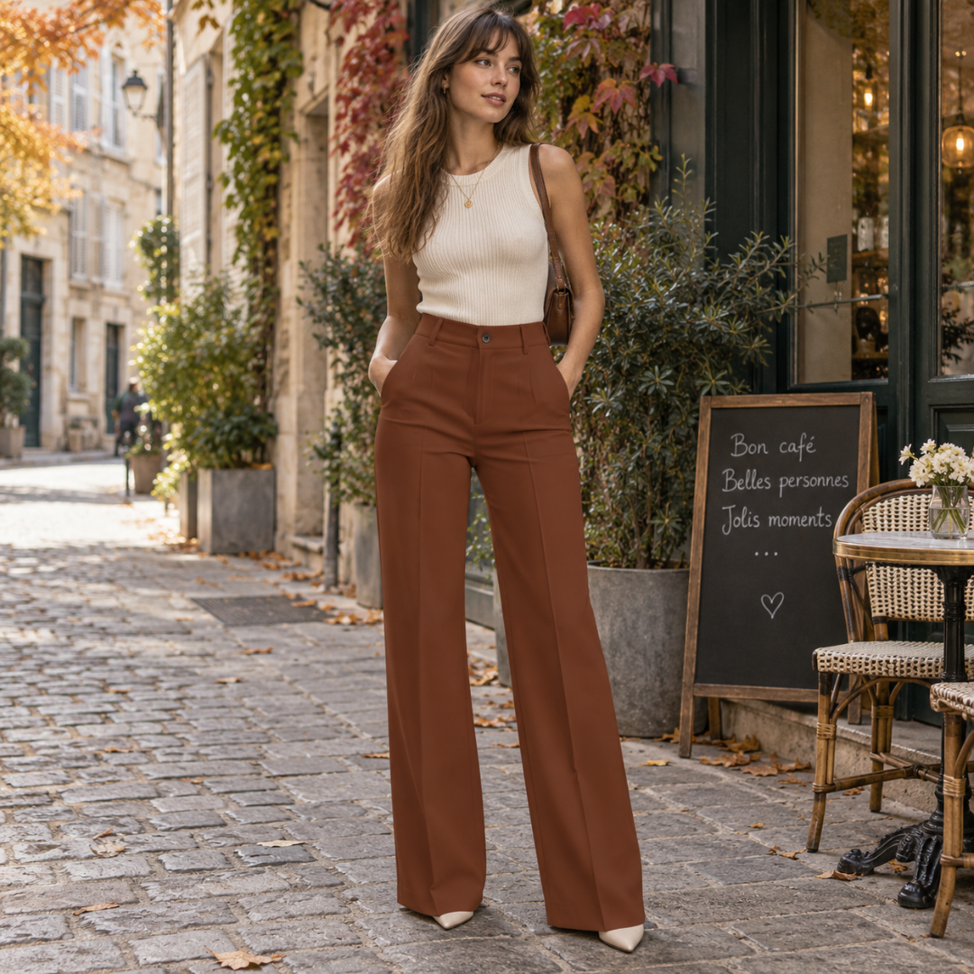 Pantaloni donna marrone chiaro a gamba larga con piega stirata e tasche laterali