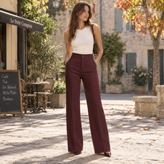 Pantaloni donna marroni a vita alta con gamba larga e tasche laterali