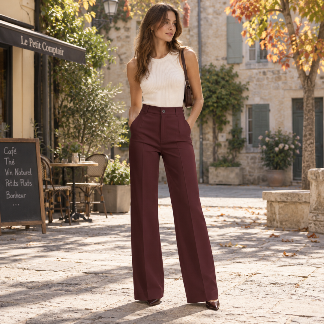 Pantaloni donna marroni a vita alta con gamba larga e tasche laterali