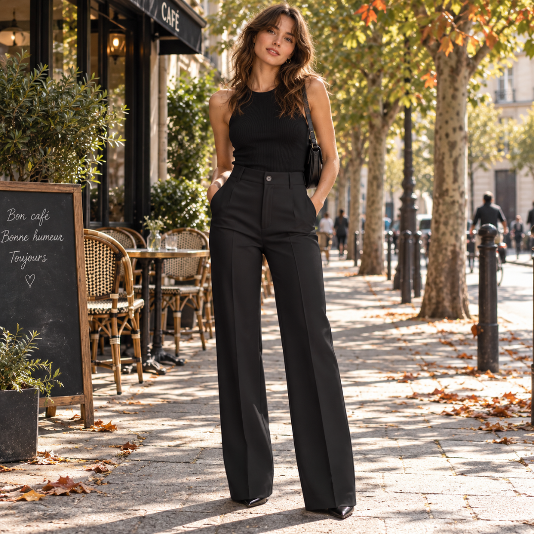 Pantaloni donna neri a gamba larga con vita alta e piega stirata davanti