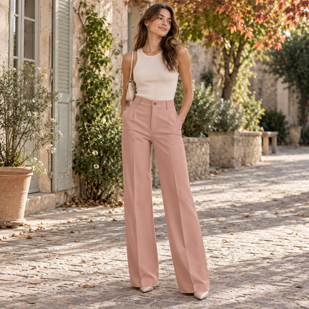 Pantaloni donna rosa a vita alta con gamba larga e piega stirata davanti