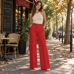 Pantaloni donna rossi a gamba larga con vita alta e tasche laterali
