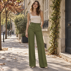 Pantaloni donna verde oliva a gamba larga con vita alta e bottone