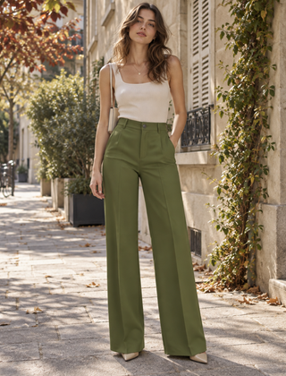 Pantaloni donna verde oliva a gamba larga con vita alta e bottone