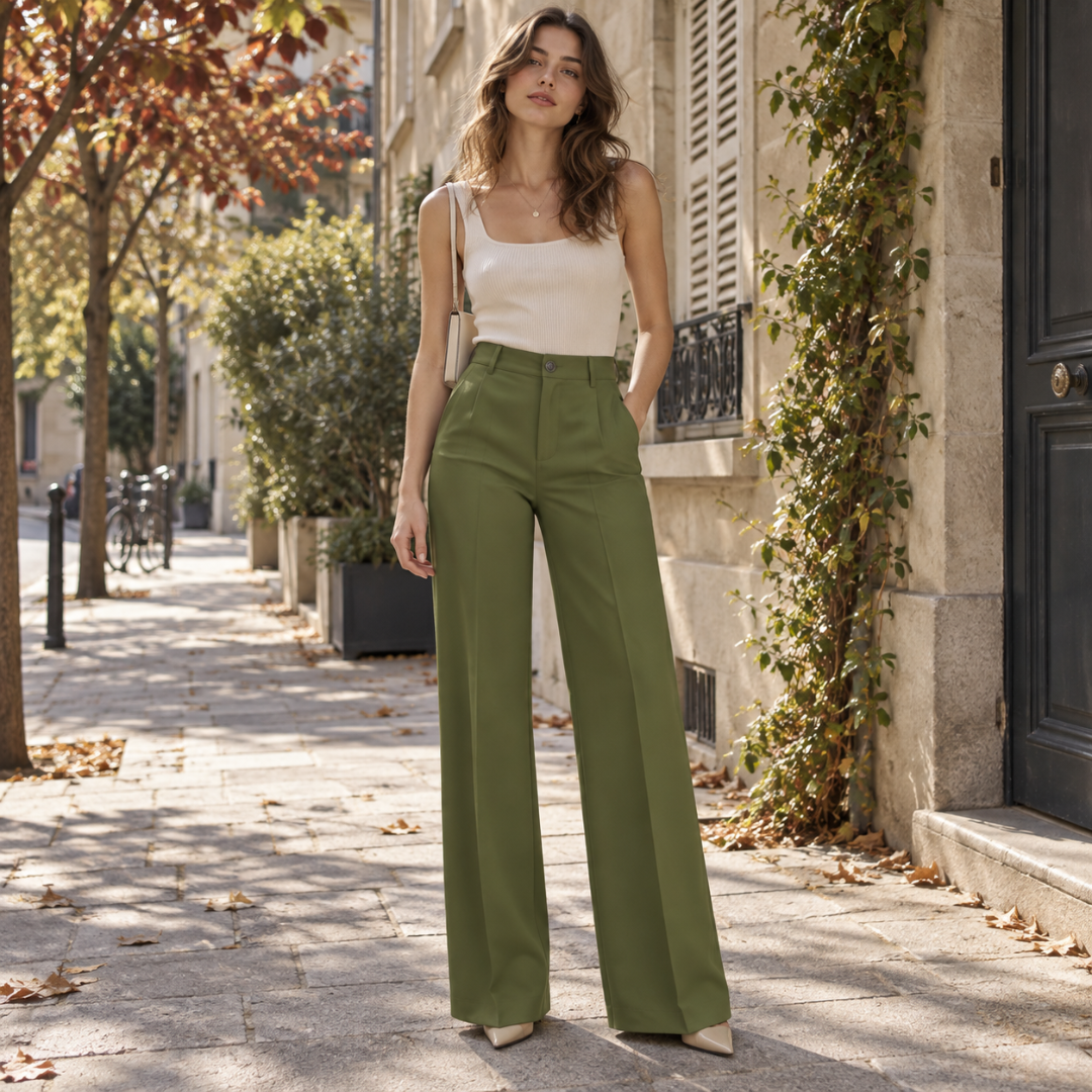 Pantaloni donna verde oliva a gamba larga con vita alta e bottone
