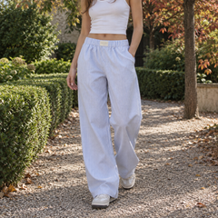 Pantaloni donna blu a righe sottili con vita elastica e gamba larga