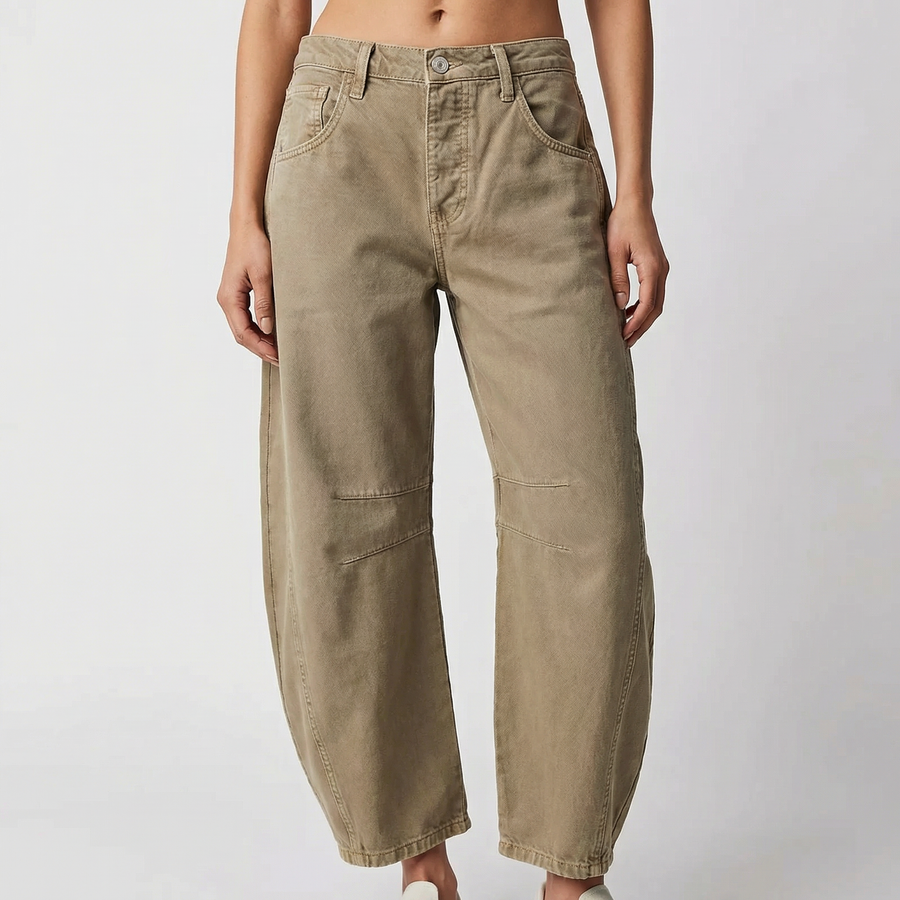 Pantaloni donna beige barrel leg con cuciture sagomate al ginocchio e orlo alla caviglia