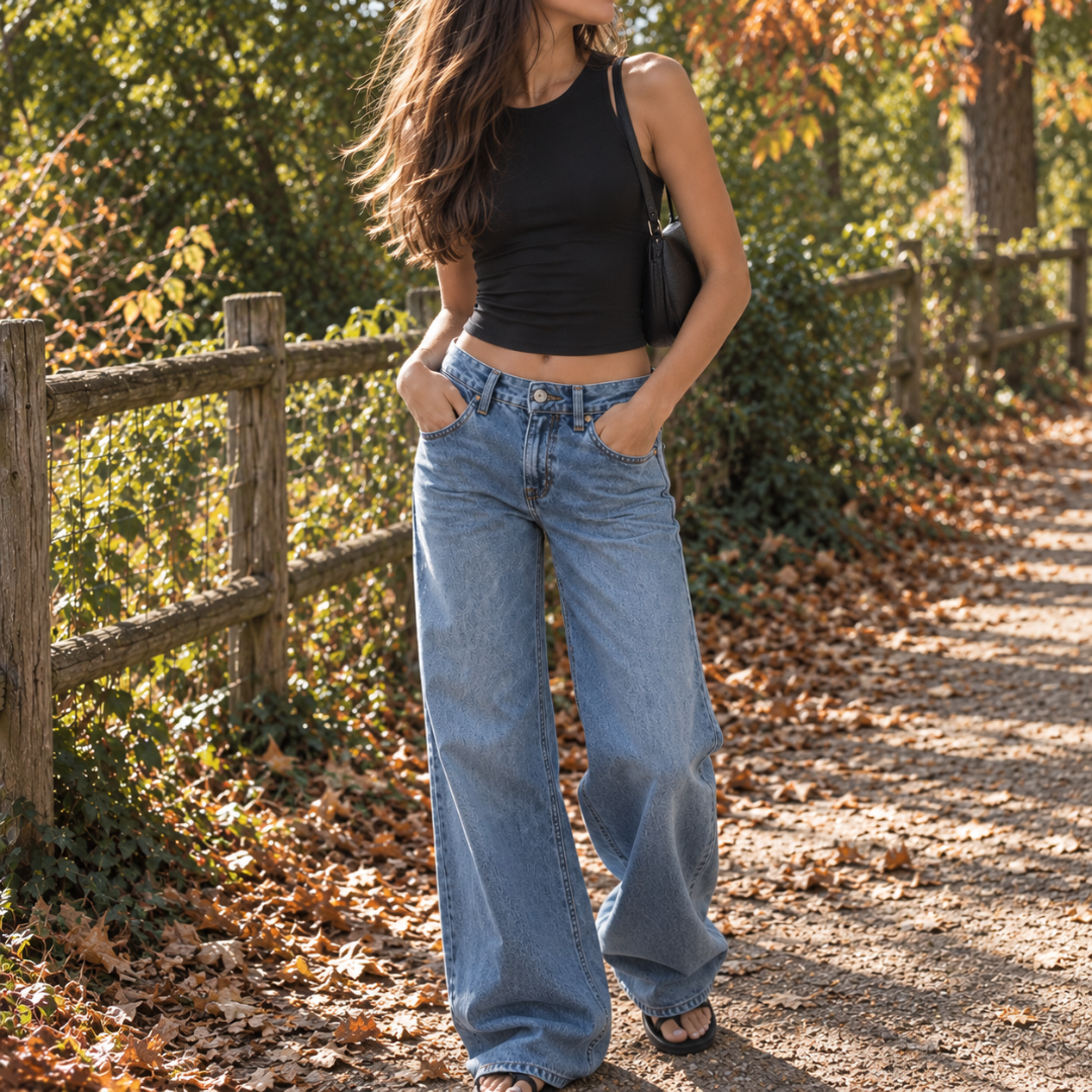 Pantaloni donna blu a gamba larga con vita bassa e tasche frontali