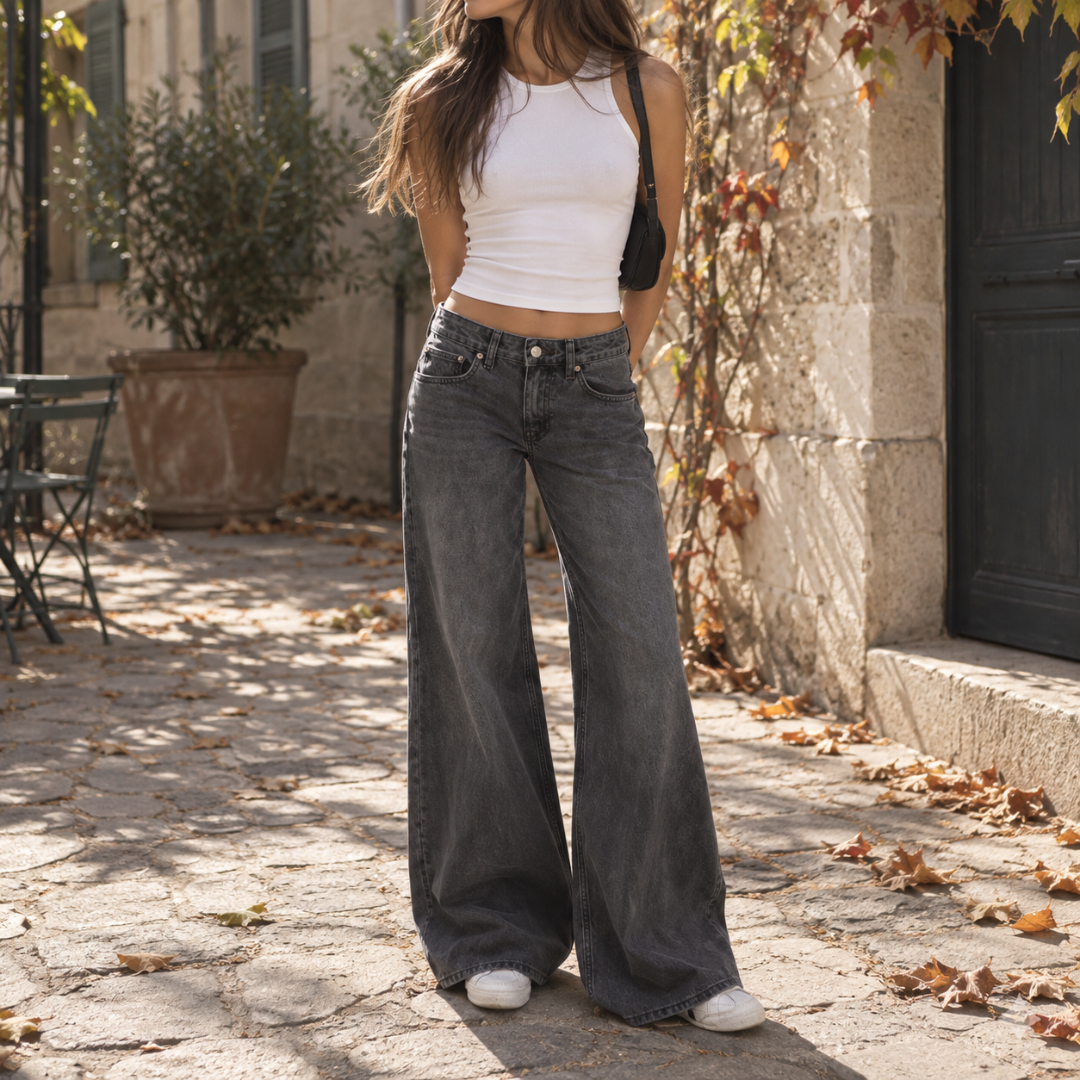 Pantaloni donna grigio scuro a gamba larga con chiusura a bottone