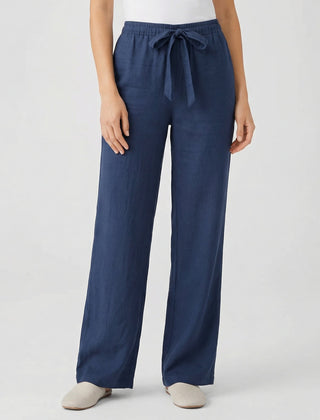 Pantaloni donna blu navy a gamba larga con fiocco annodato in vita