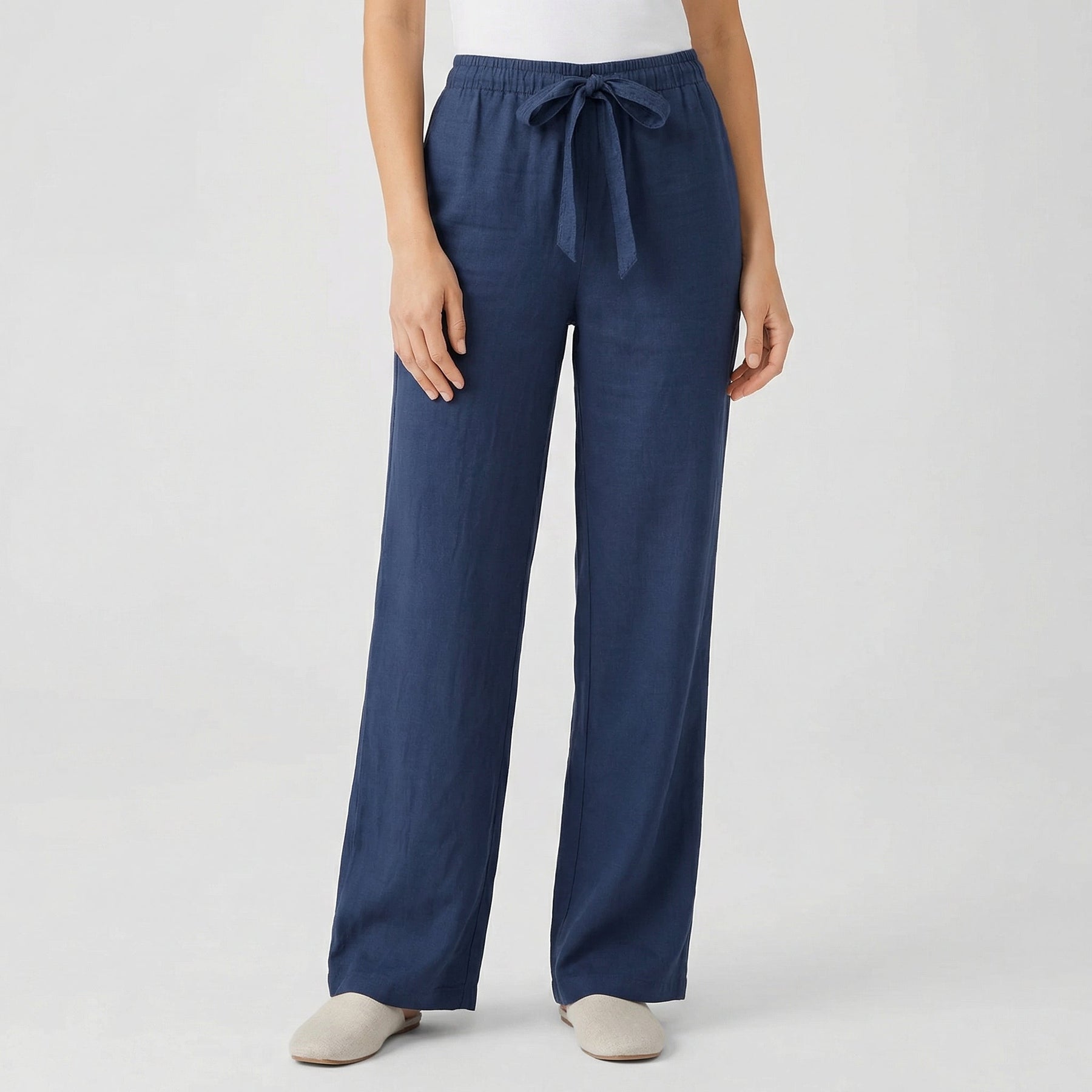 Pantaloni donna blu navy a gamba larga con fiocco annodato in vita