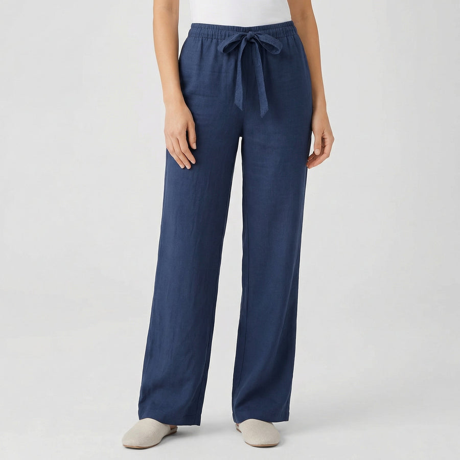 Pantaloni donna blu navy a gamba larga con fiocco annodato in vita