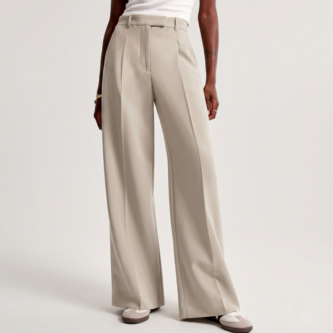 Pantaloni palazzo beige a vita alta con pieghe frontali e passanti a vista