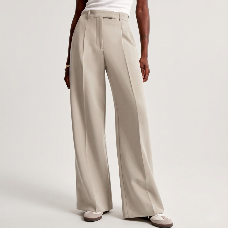 Pantaloni palazzo beige a vita alta con pieghe frontali e passanti a vista