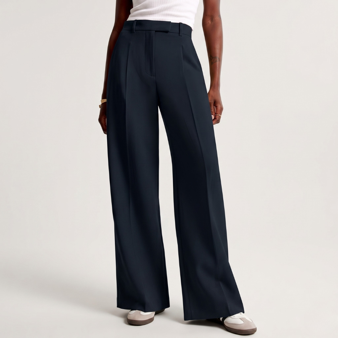 Pantaloni blu navy a vita alta con gamba larga e pieghe sul davanti