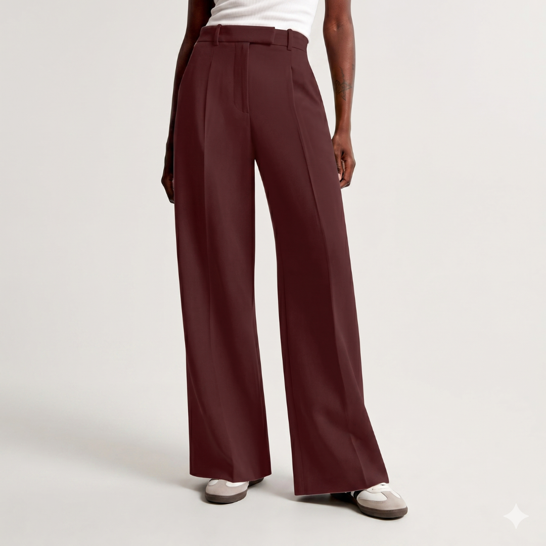 Pantaloni bordeaux a vita alta con gamba ampia e piega centrale netta