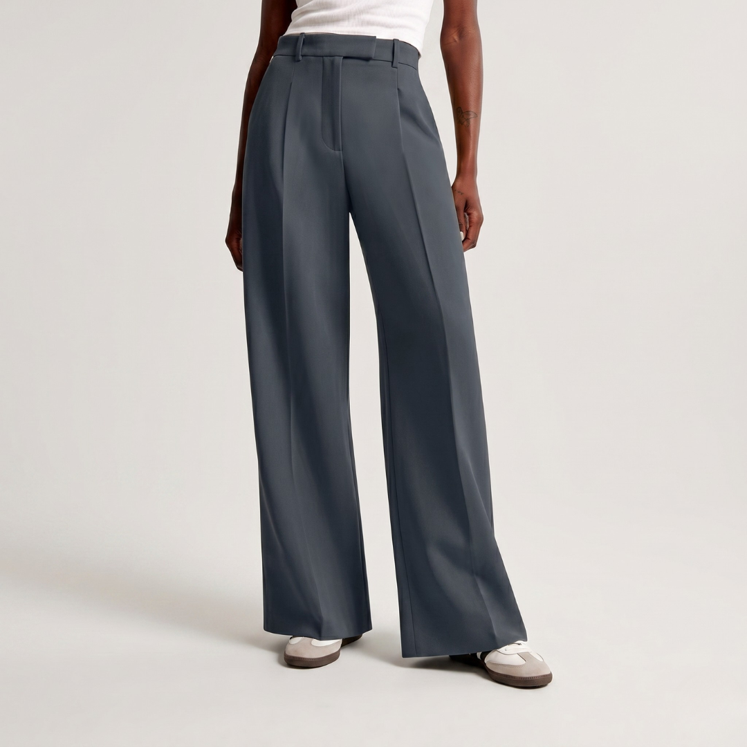 Pantaloni grigio scuro a gamba larga con vita alta e caduta morbida