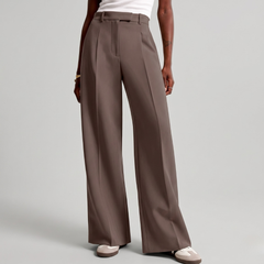 Pantaloni tortora a vita alta con gamba larga e passanti a vista