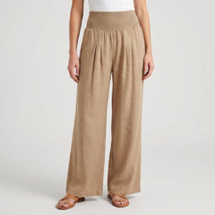 Pantaloni donna beige a gamba larga con vita alta arricciata e pieghe