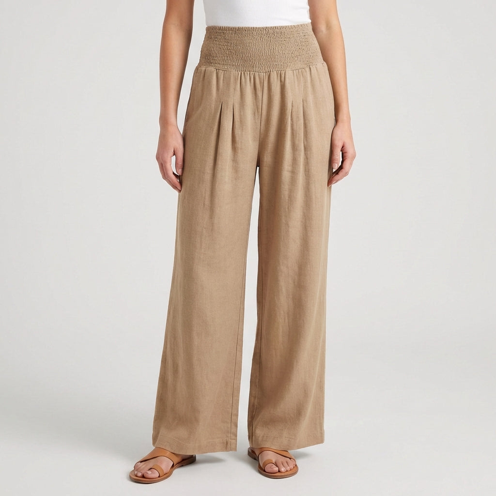 Pantaloni donna beige a gamba larga con vita alta arricciata e pieghe