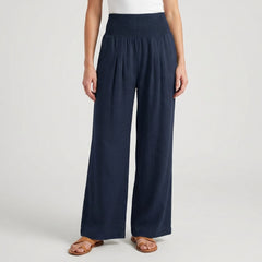 Pantaloni palazzo blu scuro con vita alta morbida e orlo lungo
