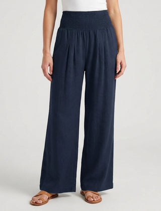 Pantaloni palazzo blu scuro con vita alta morbida e orlo lungo