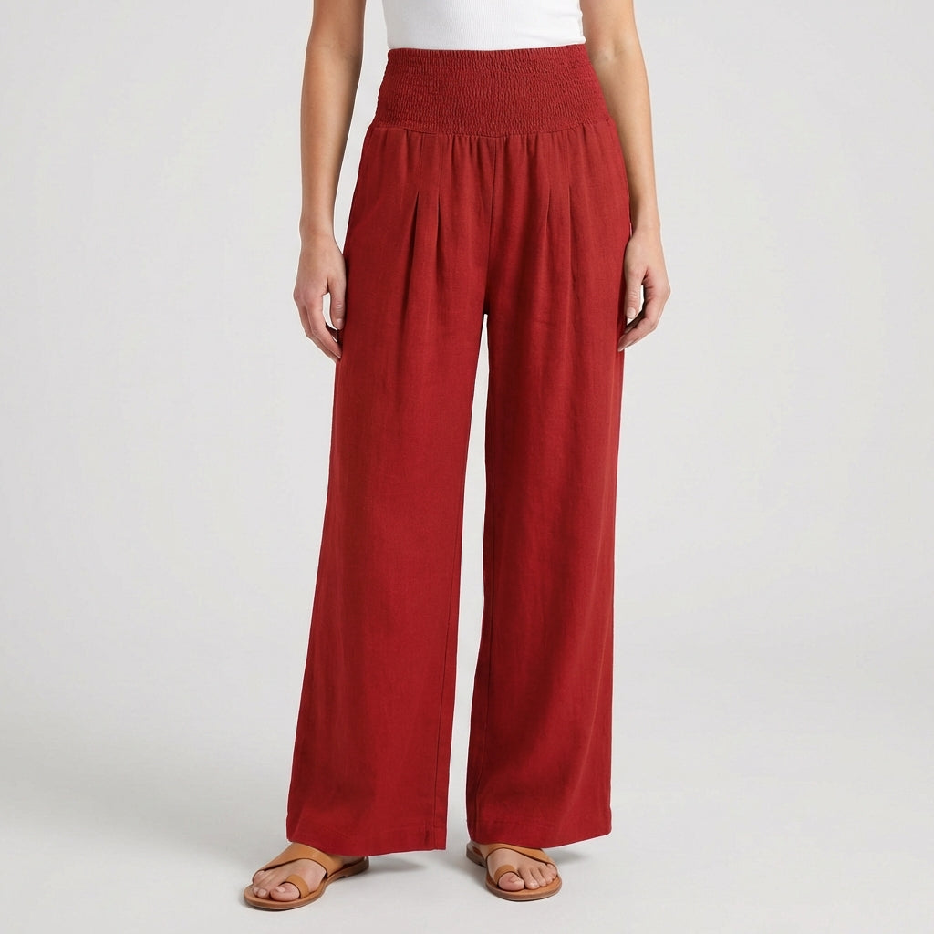 Pantaloni palazzo bordeaux con fascia elasticizzata in vita e gamba fluida