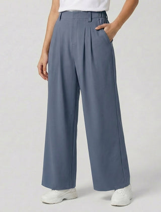 Pantaloni donna blu a gamba larga con passanti in vita e caduta dritta fluida