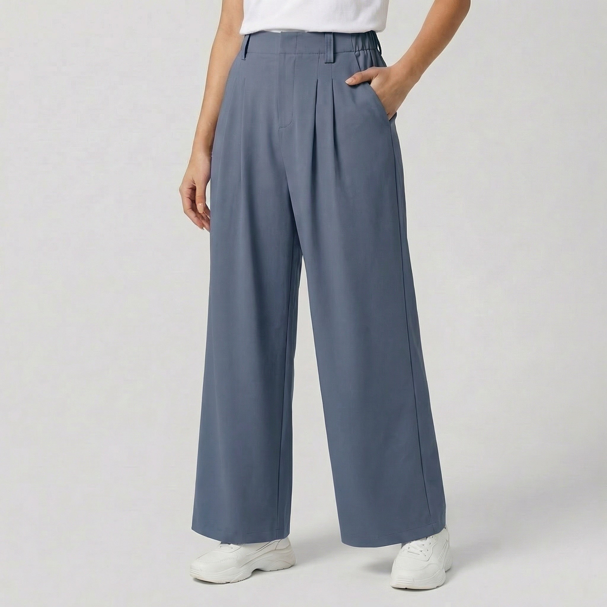 Pantaloni donna blu a gamba larga con passanti in vita e caduta dritta fluida