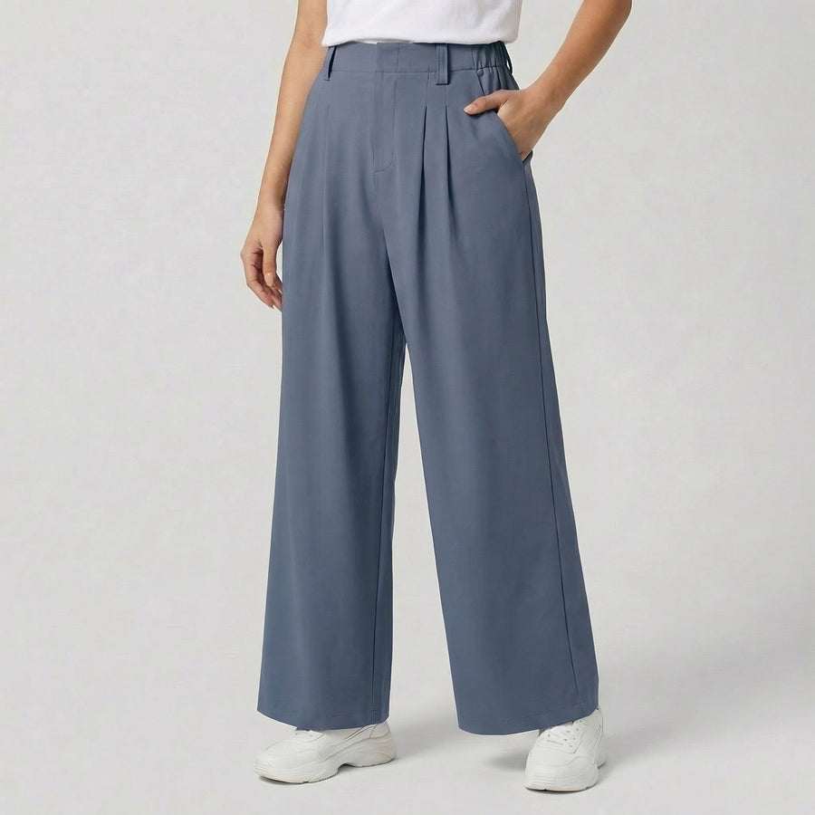 Pantaloni donna blu a gamba larga con passanti in vita e caduta dritta fluida