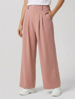 Pantaloni donna palazzo rosa a vita alta con pinces frontali e tasche laterali