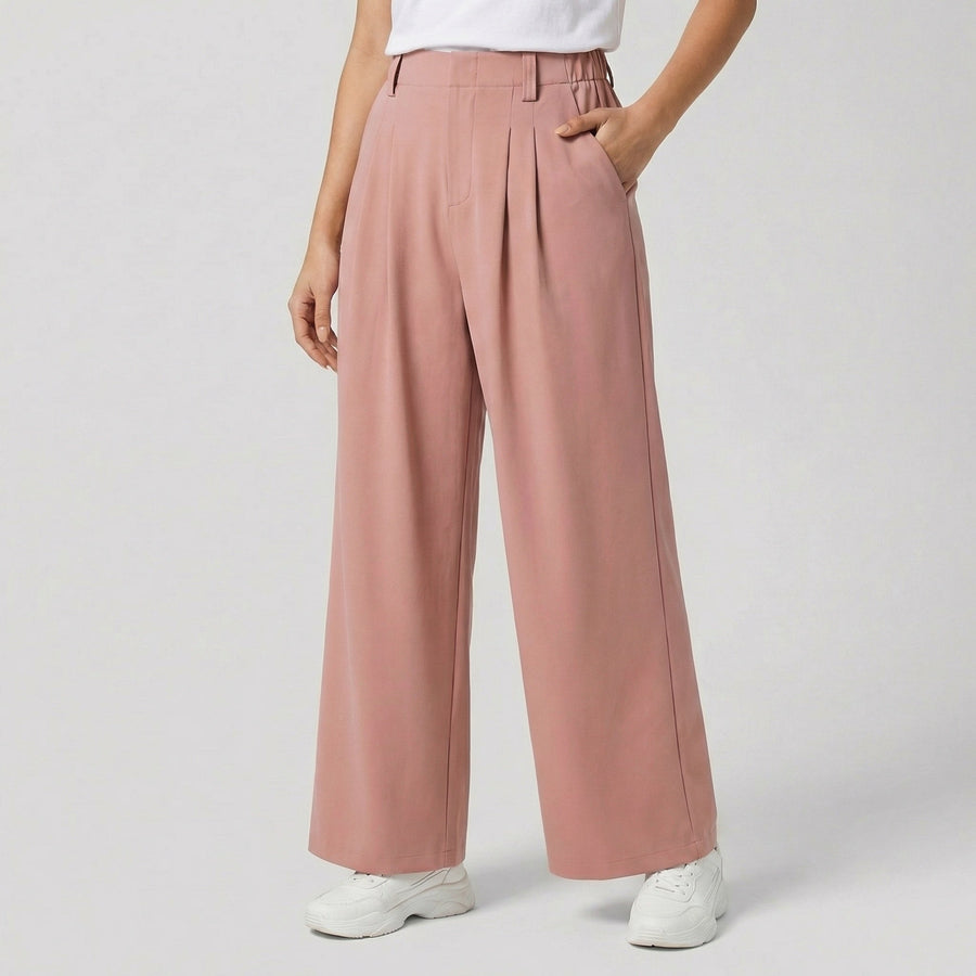 Pantaloni donna palazzo rosa a vita alta con pinces frontali e tasche laterali
