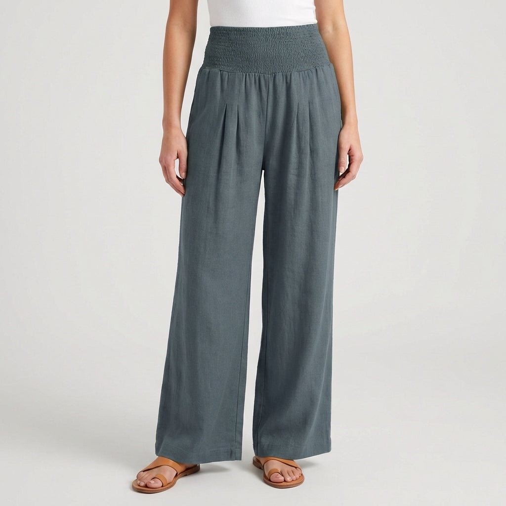Pantaloni donna grigi a vita alta con pieghe frontali e caduta ampia