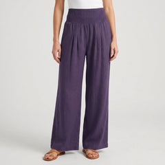 Pantaloni donna lilla scuro con gamba larga e vita alta elasticizzata