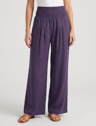Pantaloni donna lilla scuro con gamba larga e vita alta elasticizzata
