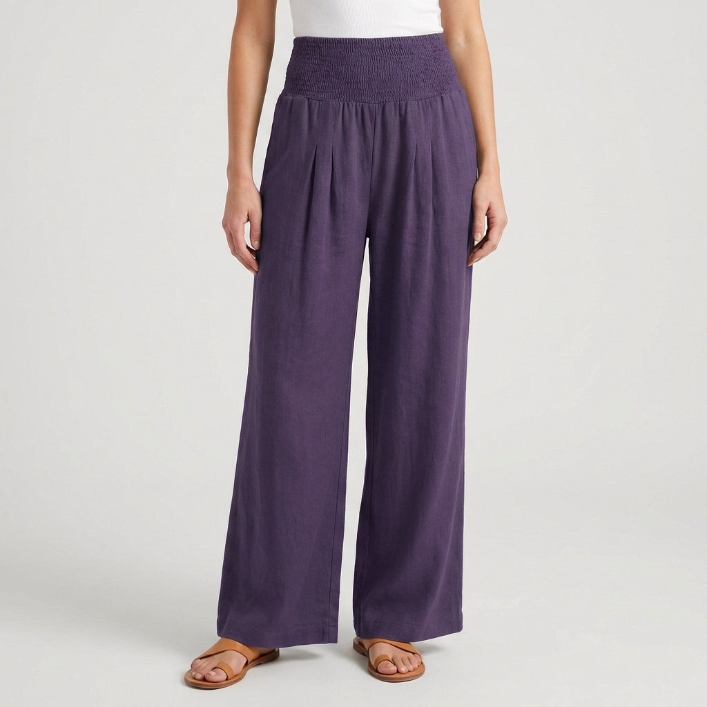 Pantaloni donna lilla scuro con gamba larga e vita alta elasticizzata