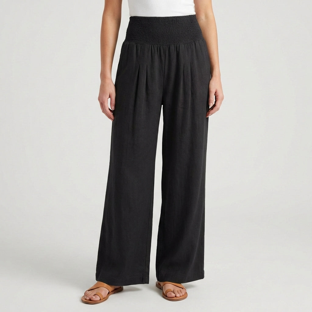Pantaloni palazzo neri a vita alta con fascia arricciata e linea fluida