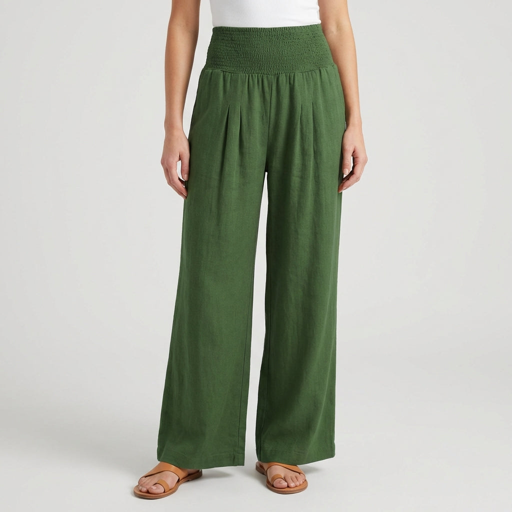 Pantaloni palazzo donna verdi con fascia in vita arricciata e gamba larga