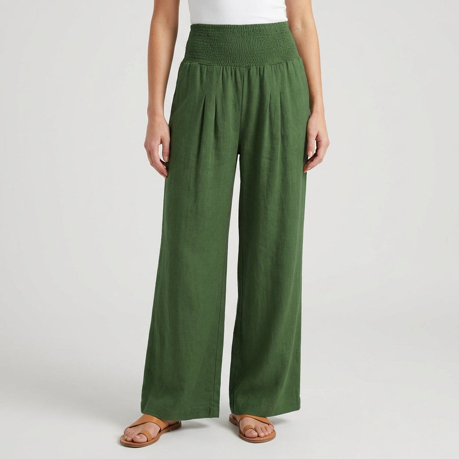 Pantaloni palazzo donna verdi con fascia in vita arricciata e gamba larga