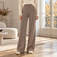 Pantaloni donna cammello in maglia con gamba larga e cucitura centrale davanti
