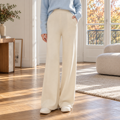 Pantaloni donna crema in maglia a gamba larga con vita alta e bordi a coste