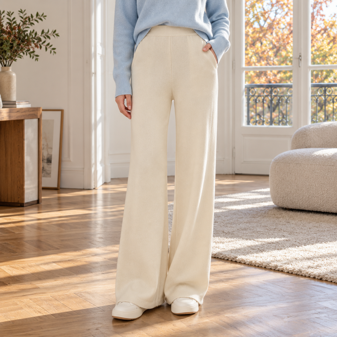 Pantaloni donna crema in maglia a gamba larga con vita alta e bordi a coste